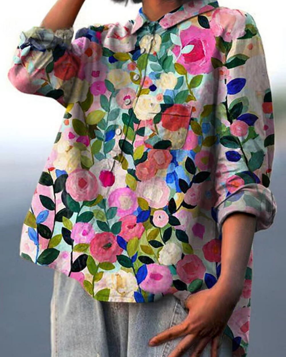 FloraBlend Elegance | Cotton Linen Floral Blouse